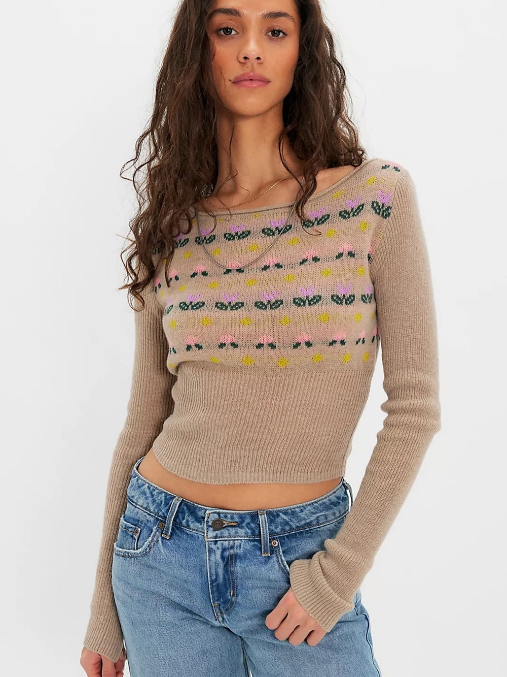 Free People Retro 70s Dainty Julep Knit Pullover Sweater Neutral FloralXL NWT